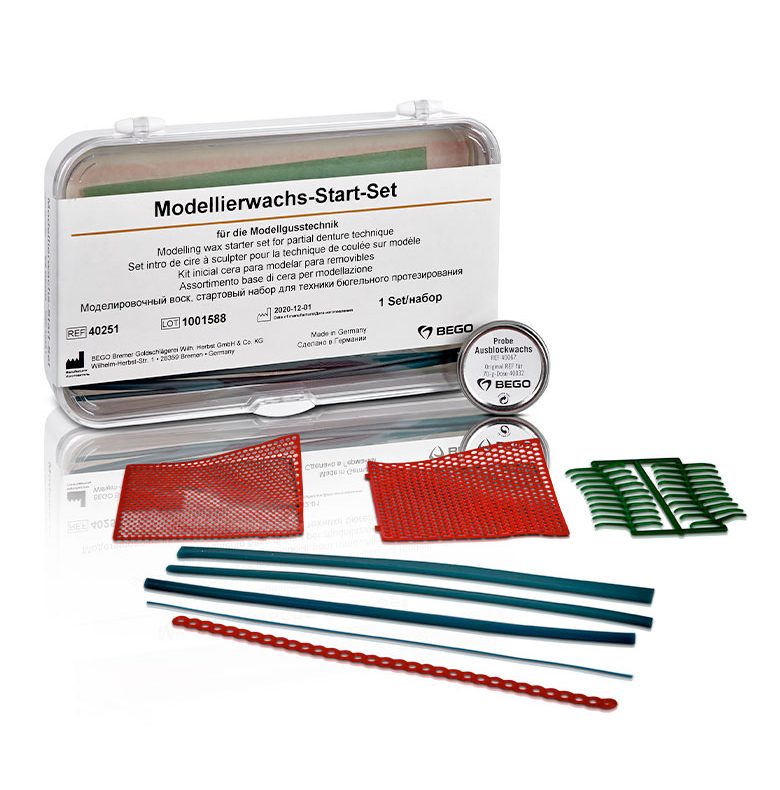 modeling wax start set kit, with included products laid out in front of the package